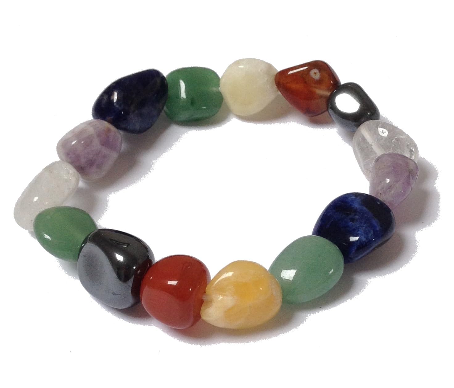 Tumblestone Chakra Bracelet - Clear Quartz, Amethyst, Sodalite, Aventurine, Yellow Jasper, Carnelian, Hematite - Yoga - with Gift Bag