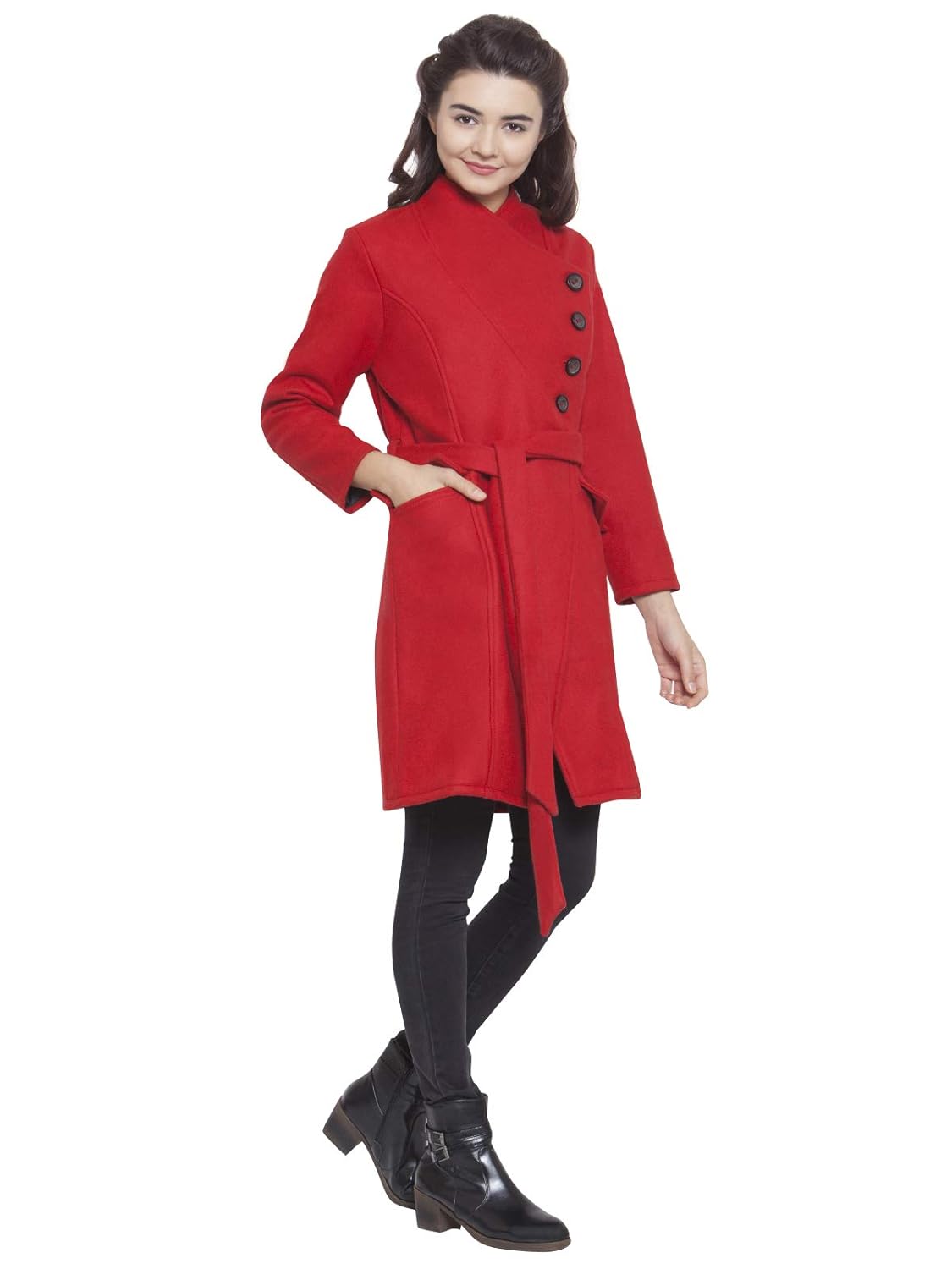 martini women red asymmetric belt long woolen coat