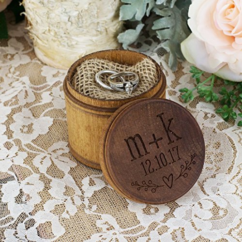 Personalized Engraved Ring Bearer Wood Pillow Box - Heart Initials and Date