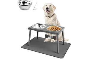 ADENGL Metal Raised Dog Bowl Stand for Large and Medium Dogs, Stronger Elevated Dog Bowls with Sprill Proof Mat, 10" Tall Dog Feeder (42OZ-Stainless Steel Dog Bowls, Mat-16x24), Grey