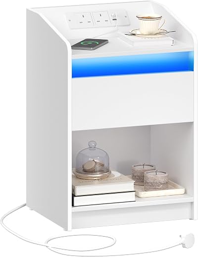 Hzuaneri Bedside Table with LED Light USB Outlets Charging Station White