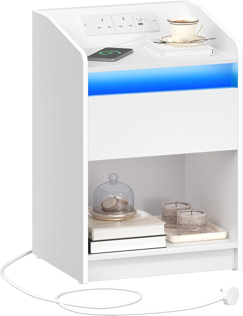 Hzuaneri Bedside Table with LED Light USB Outlets Charging Station White
