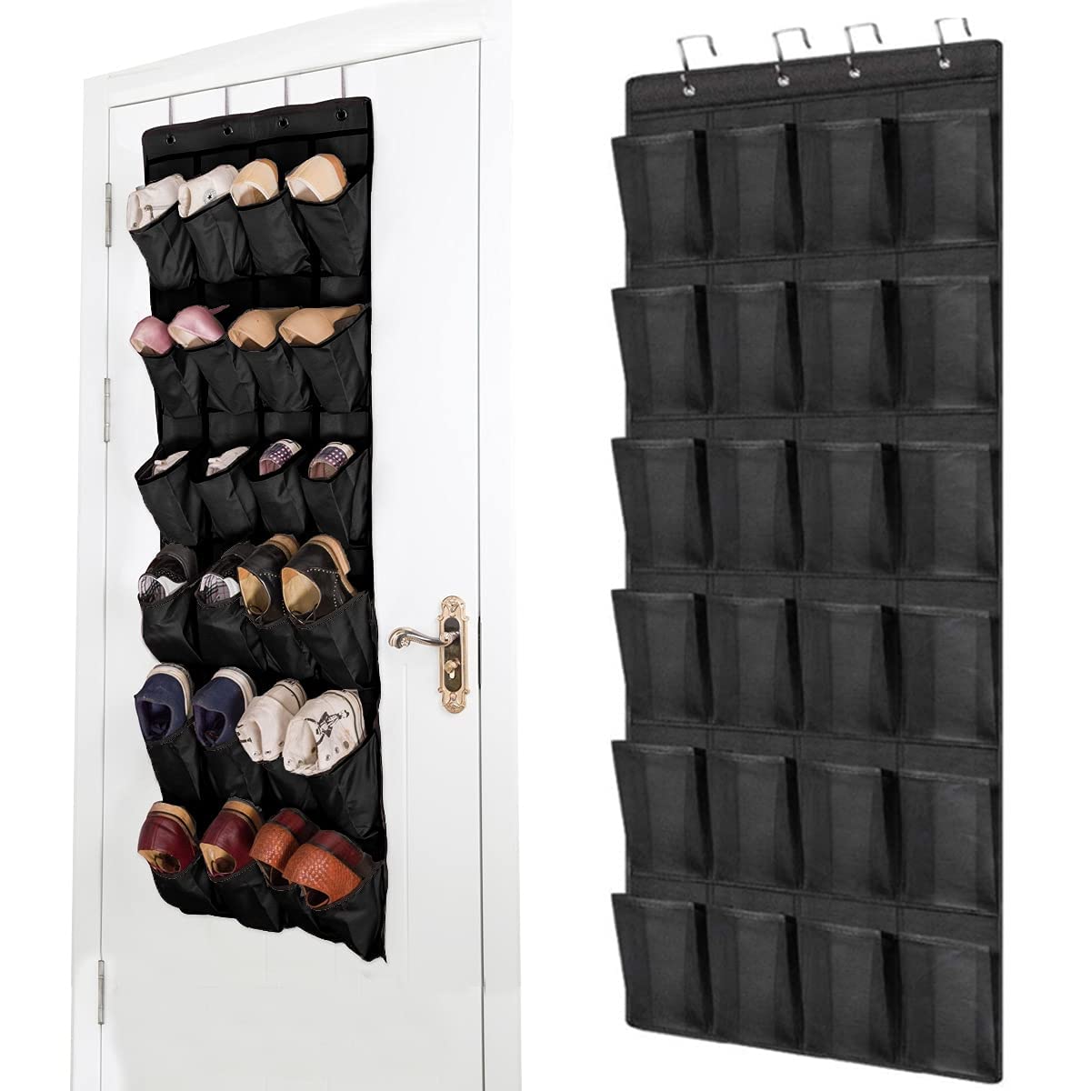 cunz Hanging Shoe Rack, 24 Pockets Hanging Storage Pocket, Over the Door, Wall Hanging Wardrobe, Black Large Mesh Pockets (Black)