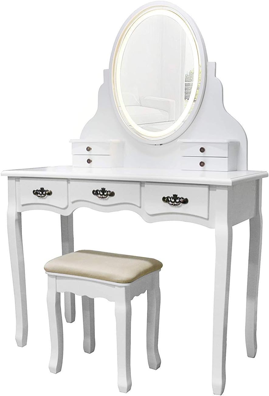 YOUKE Vanity Set,Oval Single Mirror Dressing Table with LED Light and USB Port,7 Drwers,Cushioned Stool for Girl and Lady, White