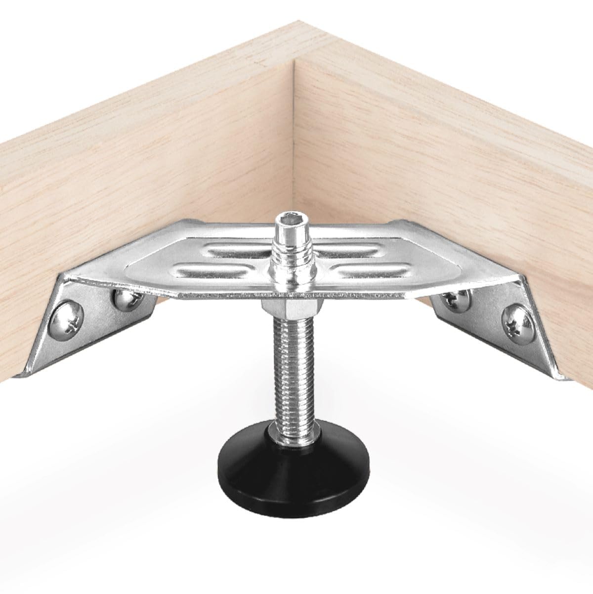 POWERTEC 71157 Adjustable Corner Bracket Furniture Leveling Feet with Non-Marring Leveler Pads, Heavy Duty Leg Levelers for Cabinets, Tables, Workbenches and Outdoor Furniture, Set of 4 Silver