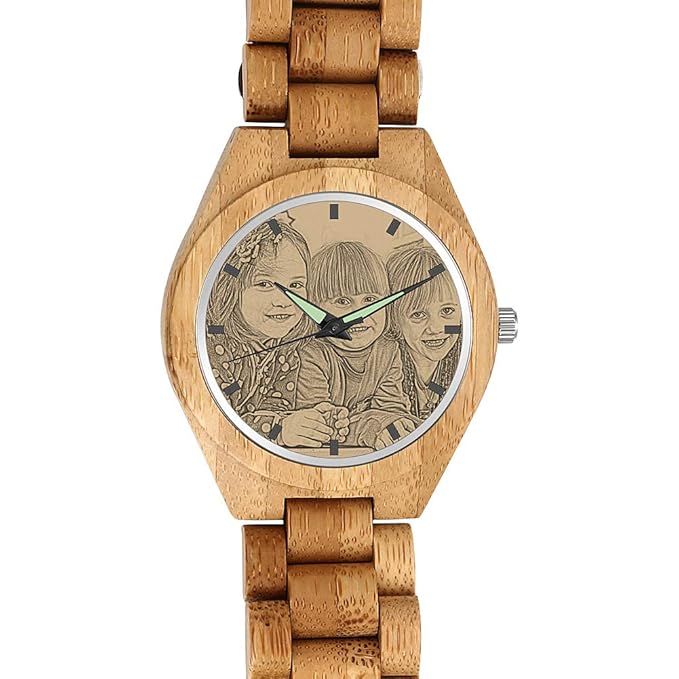 SOUFEEL Herren Holzuhr Personalisierte Armbanduhr mit Foto und Gravur Analog Japanisches Quarzwerk mit Holzarmband Bambus Dur
