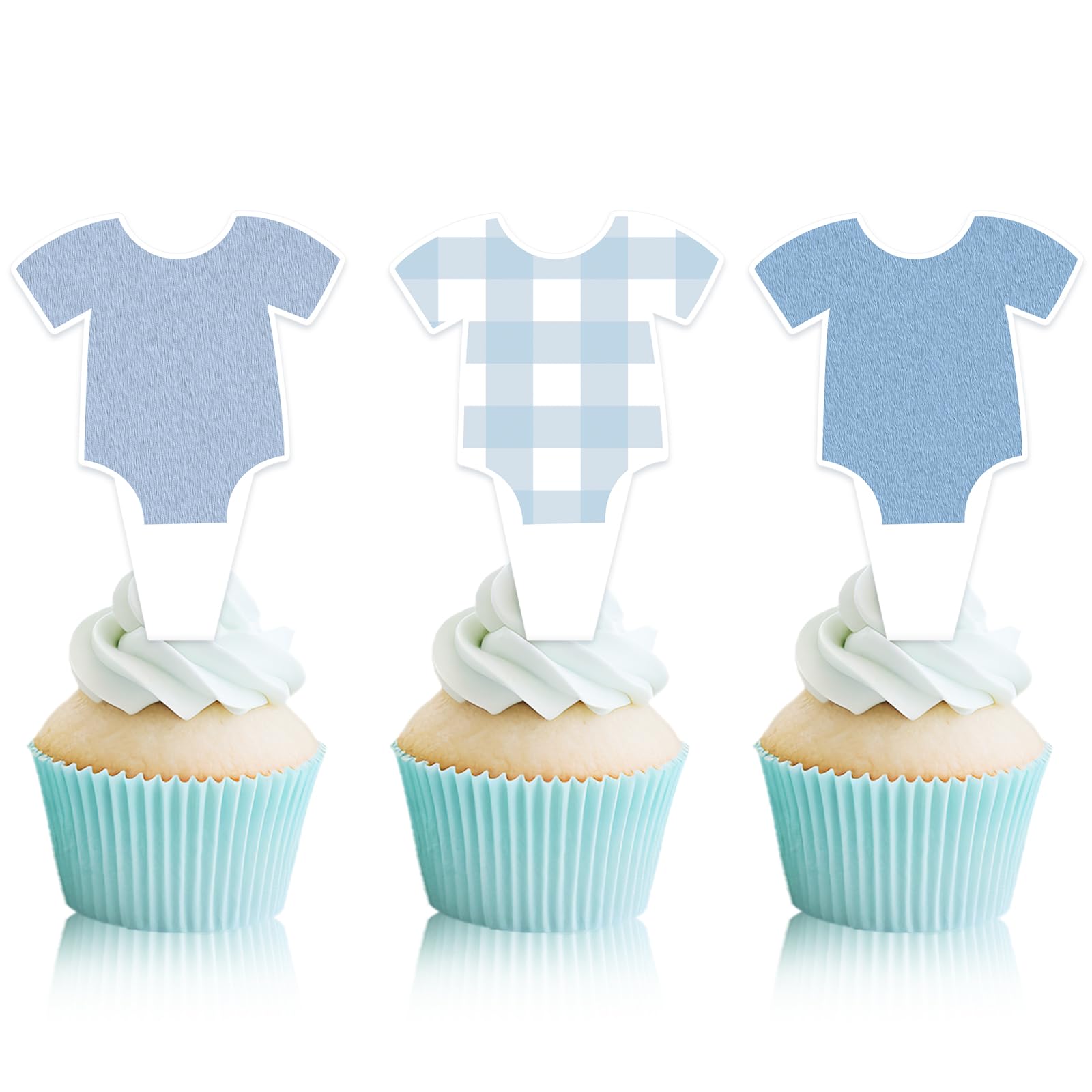 Photo 1 of 36 PCS Blue Bodysuit Happy Birthday Cupcake Toppers Blue Gingham Theme Party Decorations Baby Shower Cake Decor Cupcake Decorations Cake Decorating Party Supplies Decor for Boys Girls Baby Shower