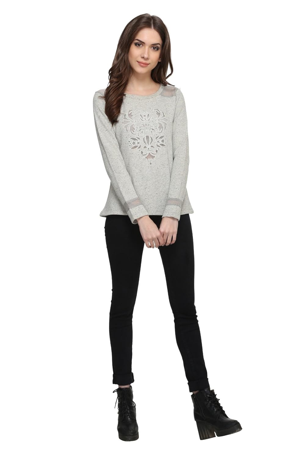 marie claire grey melange embroidered sweatshirt (mc10262a)