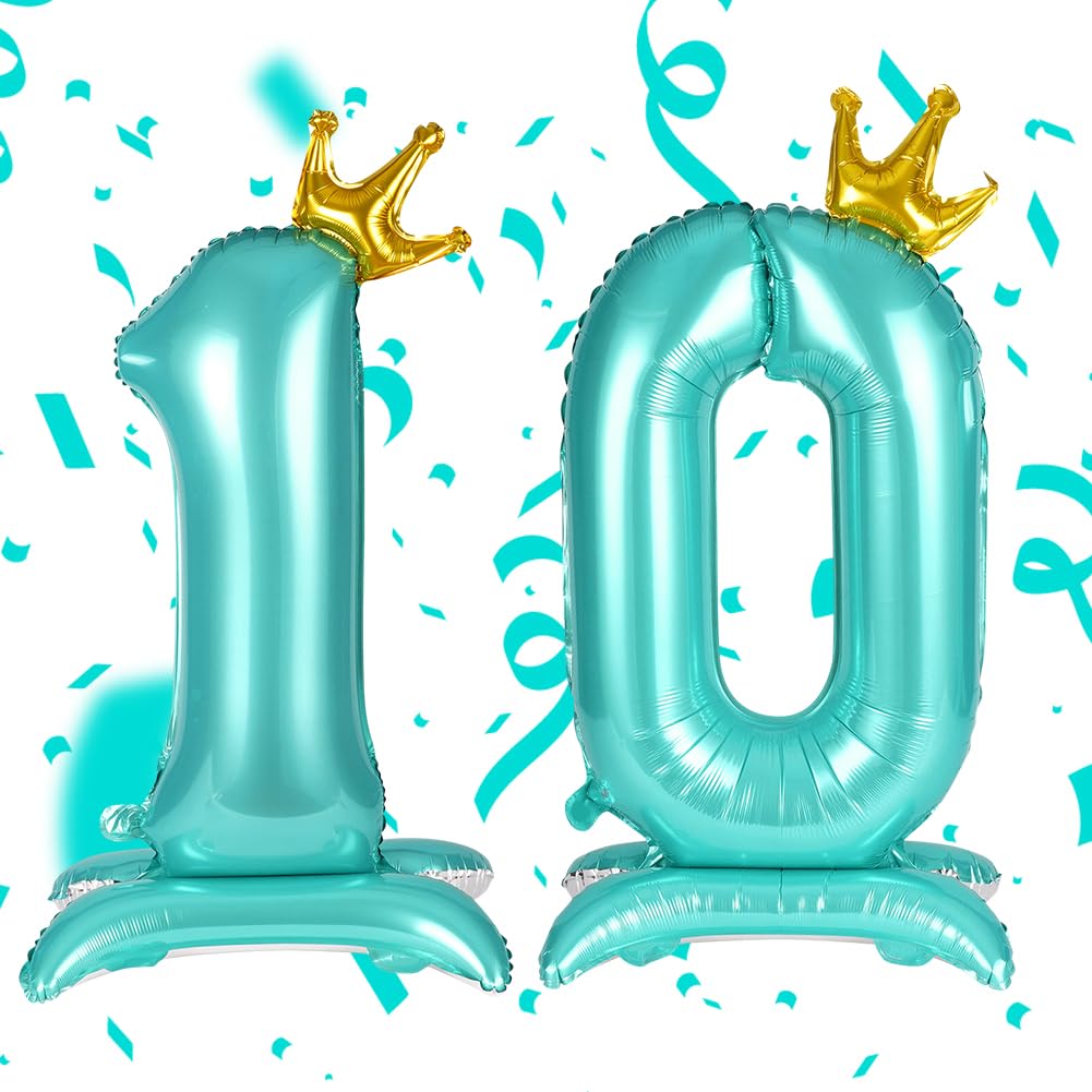 APXEL Blue Standing Crown Number 10 Balloons, 42 Inch Large Foil Number 1 & 0 Balloons, Self Inflating 10th Birthday Balloon for 10 Year Anniversary Birthday Party Christmas Decorations