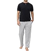TeJoyce Mens Pajamas Set Cotton Short Sleeve and Pants 2 Piece PJ Set Soft Comfy Loungewear Men's Nightwear Set with Pockets