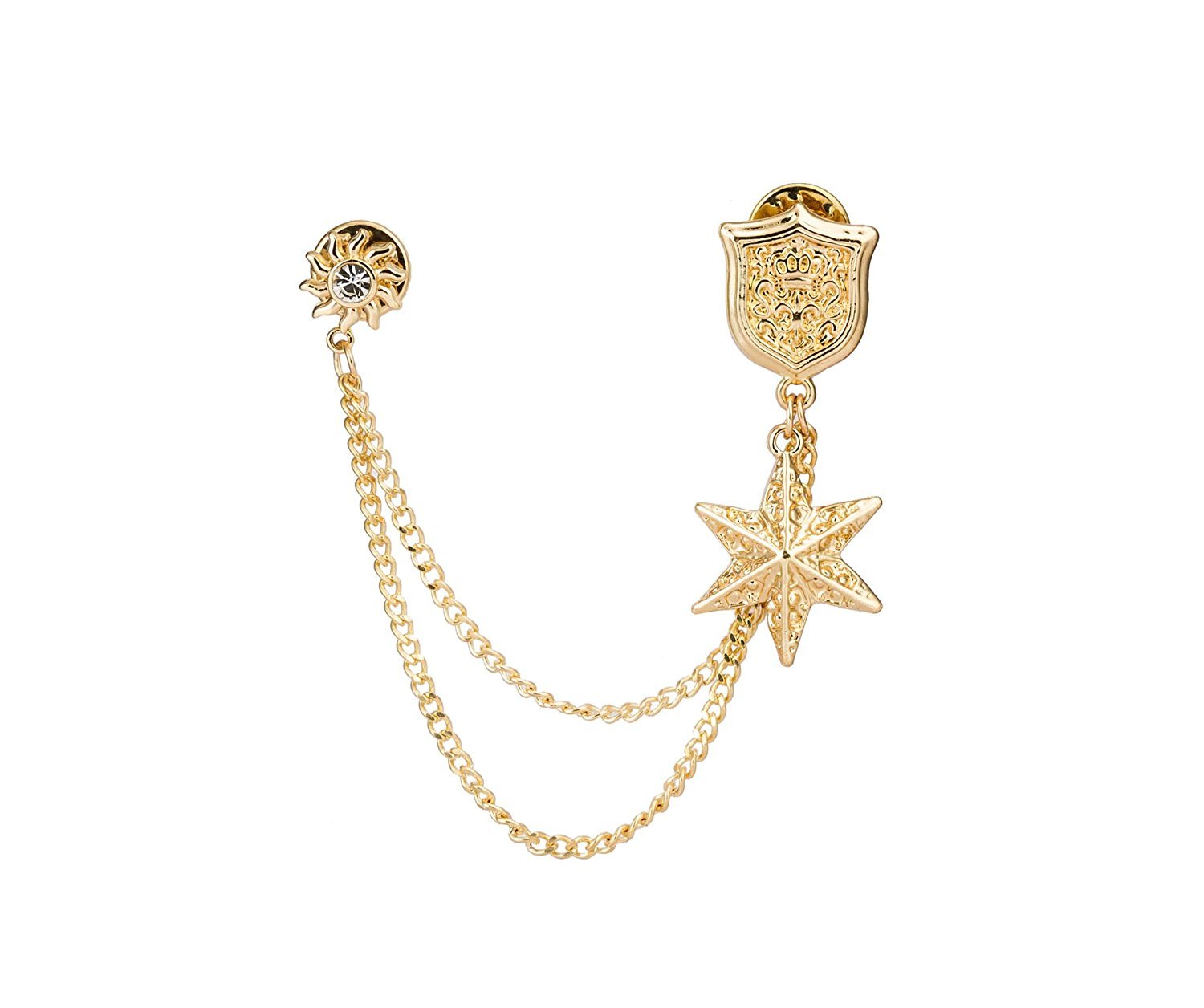 Brooch Lapel Pin for Men Engraved Golden Shield with Hanging Star Badge Coat Suit Wedding Gift Party Shirt Collar Accessories
