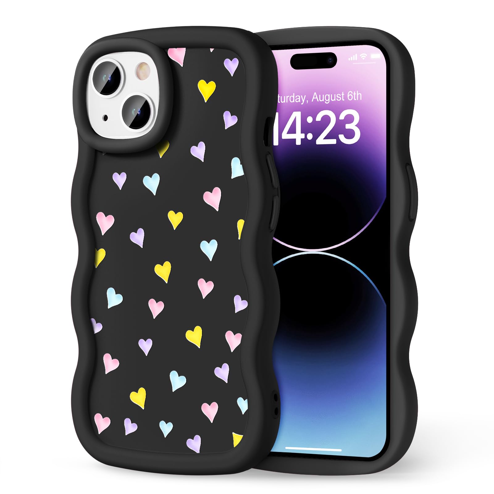 CASBST Compatible with iPhone 14 Case for Women Girls, Curly Wavy Frame with Cute Pattern, Aesthetic Slim Soft Silicone TPU Bumper Shockproof Phone Case for iPhone 14 - Color Heart