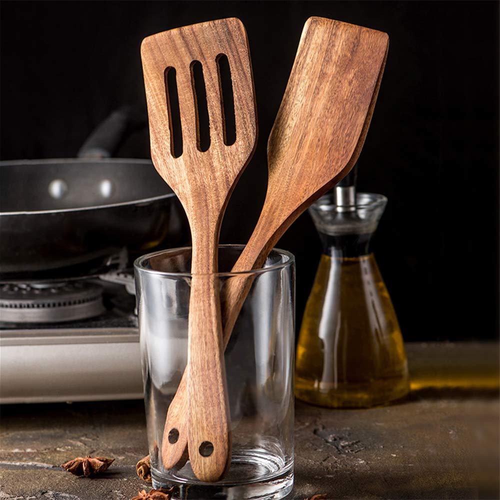 5 Pcs Best Wooden Spoons for Cooking Kitchen Utensils Set Acacia Wood Cooking Spatula Turner Non Toxic Utensil Slotted Serving Spoon Flat Spatulas Set Wooden Utensis Mixing Cooking Spoon Kitchen Tools
