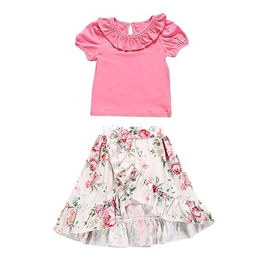 SchöNe Kleider FüR Kinder,Lookhy Kleinkind Kind Baby Feste Kurzarm Tops + Floral Rock Outfit Kinder Taufbekleidung Krabbelhos