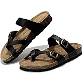 Genuine Leather Womens Sandals, Comfortable Cork Footbed w/ Memory Foam Beach Essential Summer Sandals for Women (Lian)