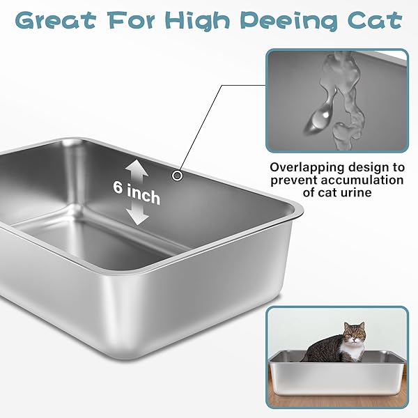 FUTAM STAINLESS STEEL LITTER BOX, 23.6“X15.7″X6″ DEEP STAINLESS STEEL CAT LITTER BOX EXTRA LARGE, XL METAL LITTERBOX FOR BIG CATS WITH HIGH SIDES, NON STICK SURFACE, EASY TO CLEAN