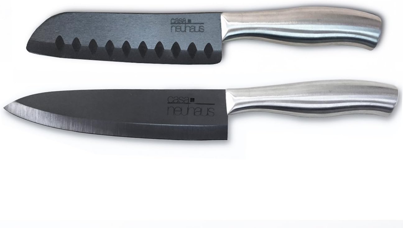 Casa Neuhaus Black Series Santoku and Chef's Ceramic Knives Set - Black Ceramic Blade & Stainless Steel Handle - Includes Knife Sheath and Black Series Gift Box