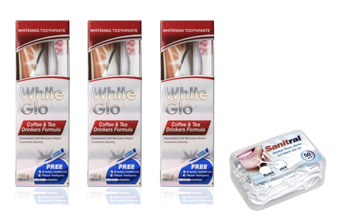 White Glo Premium Coffee & Tea Drinkers Formula Intense Extra Whitening Toothpaste & Toothbrush-100 ml (Pack of 3) with Sanitral 50 Pcs Dental Floss Stick Included as a Gift