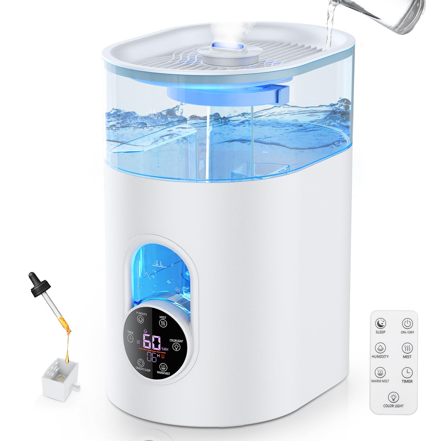 Photo 1 of Humidifiers for Bedroom Large Room Home - GloryAir 6L Quiet Top Fill Cool & Warm Mist Humidifier with Smart Humidity Control, Remote Control, 7-Color Light, Humidistat, Oil Diffuser for Plants & Baby