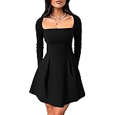 YMDUCH Women's Sexy Long Sleeve Square Neck Adjustable Straps Bow Tie A-line Mini Party Club Dress