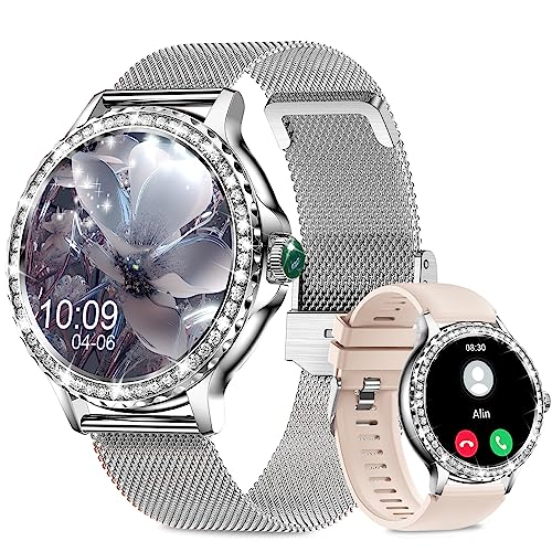 Efolen Smart Watches for Women with Diamonds (Answer/Make Call), 1.3'' Bluetooth Smartwatch for Android iOS, Waterproof Fitness Watch with Heart Rate/SpO2/Sleep/BP/AI Voice (Silver)
