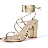 GENSHUO Square Toe Sandals Women Lace up Chunky High Heels Strappy Sandals Block Heeled Ankle Wrap Homecoming Wedding Dress Shoes Gold Size 9.5