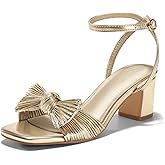 Coutgo Womens Bow Heels Sandals Block Low Heel Wedding Bride Dressy Shoes Open Toe Ankle Strap Sandals