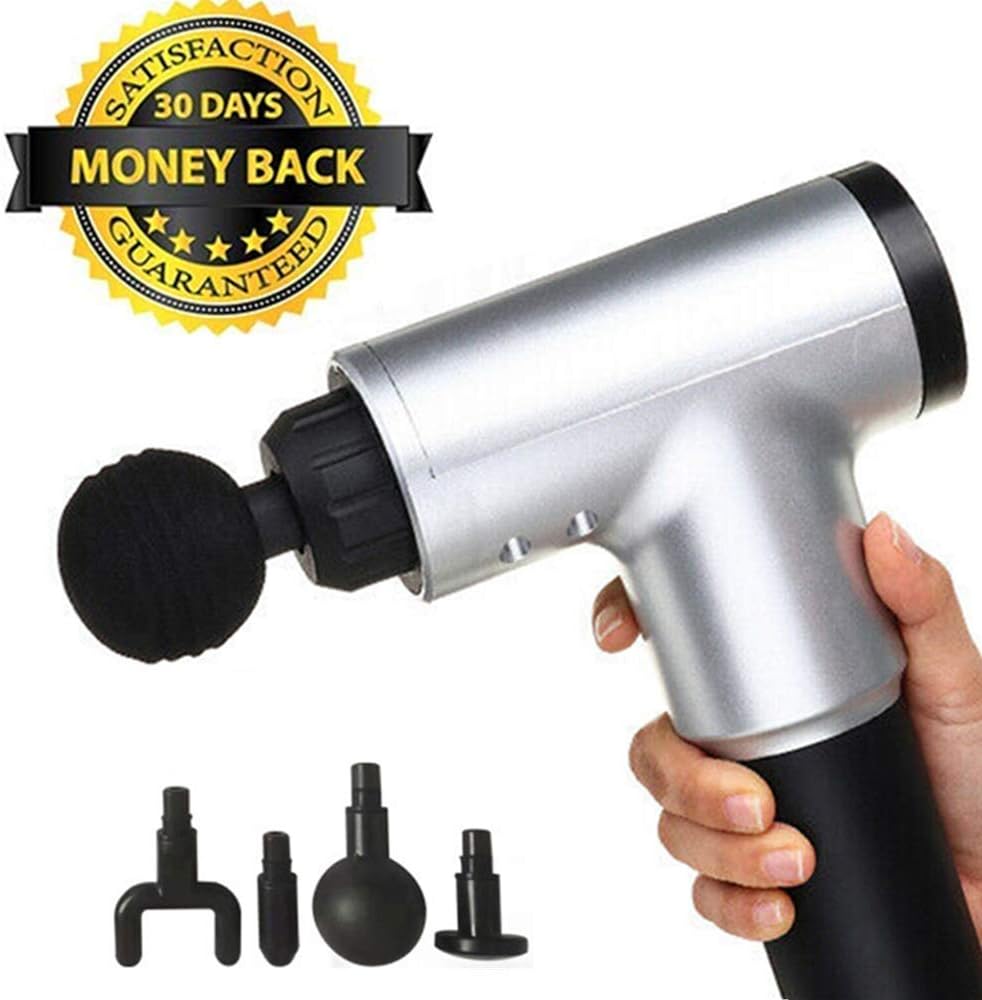 Mini Massage Gun Deep Fascia Gun,Sliver Simple 7.4V Cordless Handheld Deep Tissue Tension Relief Percussion Massage Device with 4 Massage Head (No Carrying Box)