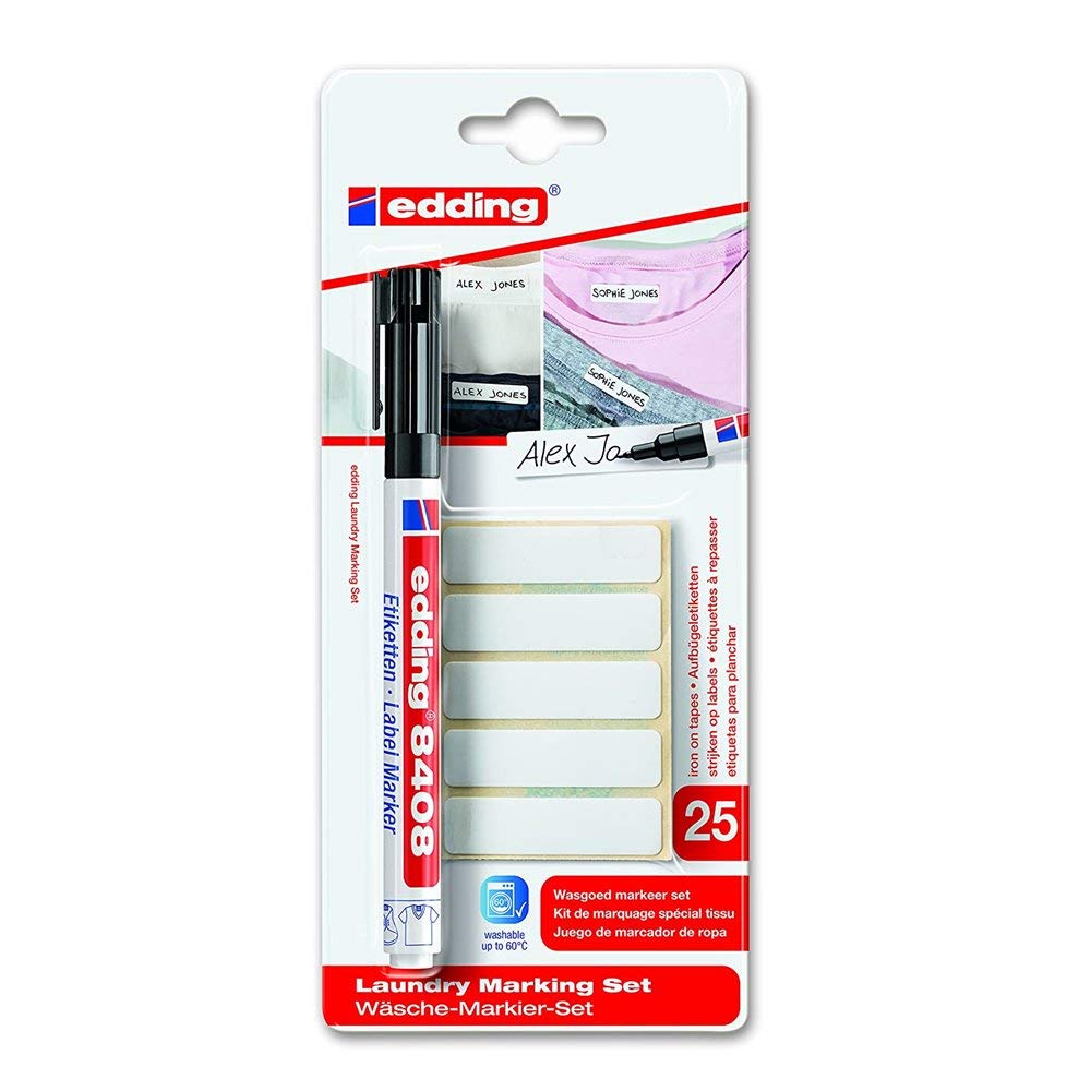 edding 8408 laundry marking set - black - 1 pen - round nib 0.75 mm, 25 x name tags for iron-on - for marking labels for clothing