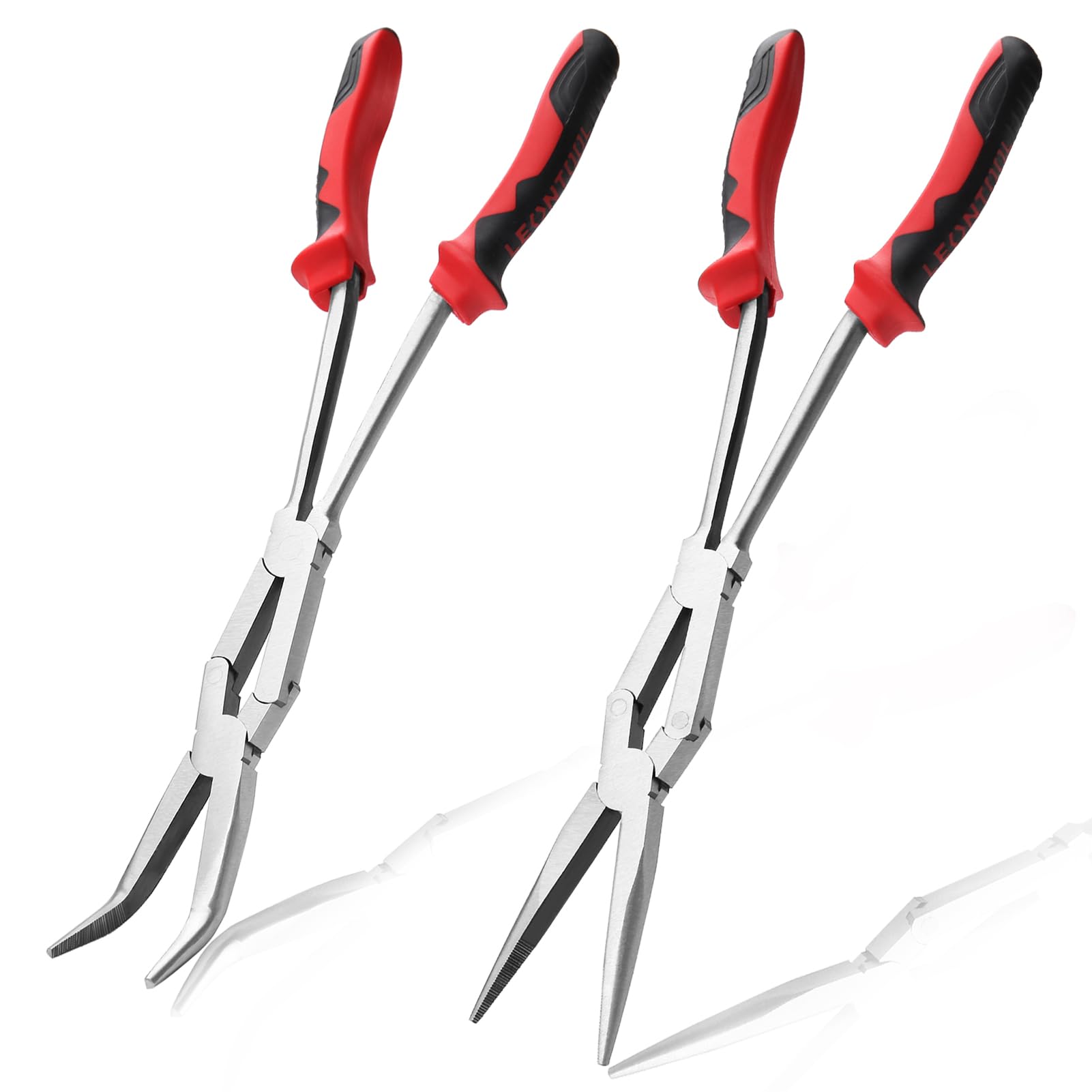 LEONTOOL Straight and 45-Degree Bent Needle Nose Pliers Set 2Pcs Double Jointed Needle Nose Pliers Set Extra Long Needle Nose Plier with Serrated Jaw Long Reach Pliers for Hard to Reach Narrow Spaces