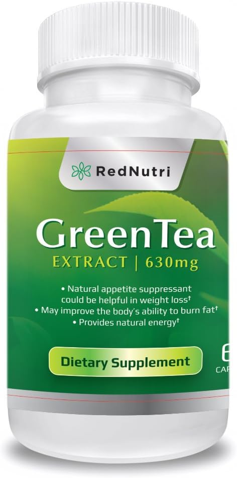 Green Tea Extract – 630mg | 60 capsules | Natural Dietary Supplement | 100% Organic and non-GMO | Appetite Suppressant, Fat Burner, Metabolism Booster, Antioxidant | Promote Heart Health | RedNutri