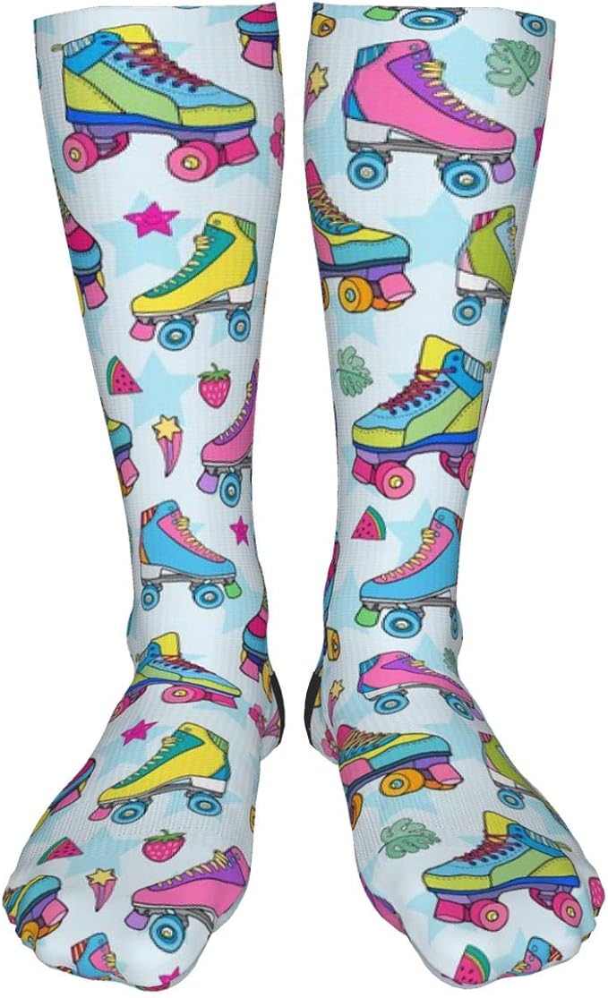 LASWEGA Colorful Roller Skates Crew Socks Stars Fruit Leaves Design