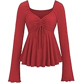 SOLY HUX Women's Peplum Tops Long Sleeve Babydoll Shirts Y2k Cute Tie Front Sweetheart Neckline Top