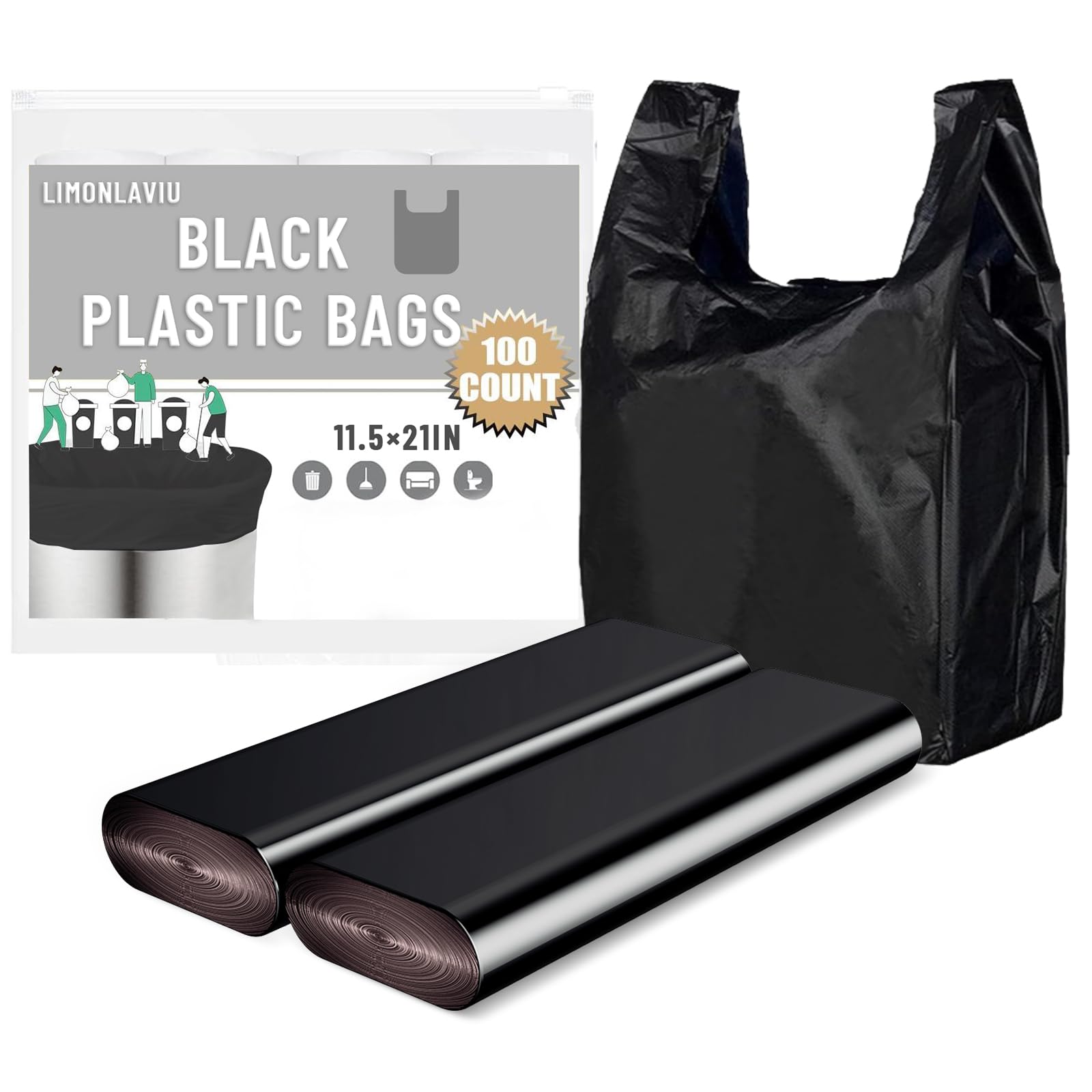 Photo 1 of LimonLaviu Black Plastic Grocery Bags, 100 Pack, 11.5'x 6.5" x 21', 22 Pound Capacity, Heavy Duty, Unscented