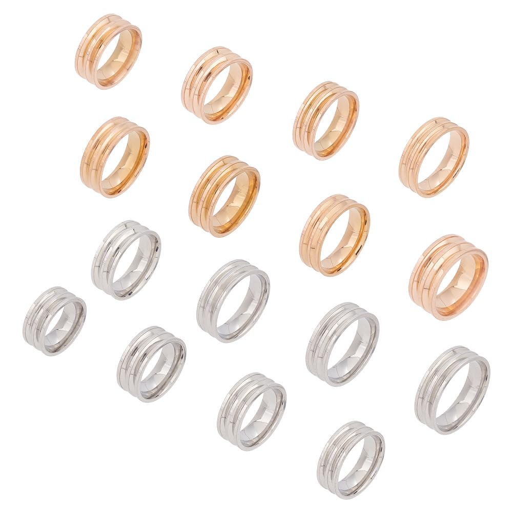 UNICRAFTALE 16pcs Blank Core Ring - 8 Sizes, 2 Colors Titanium Steel Double Grooved Round Blank Inlay Handmade Ring - Jewelry Making Gift