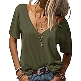 Eachyes Womens Deep V Neck T Shirts Casual Short Sleeve Loose Fit Basic Fashion Tee Tops