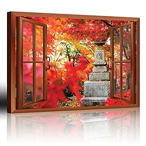 Modern Copper Window Looking Out Into a Japanese Statue Surrounded by Red Trees - Canvas Art Home Art - 24x36 inches