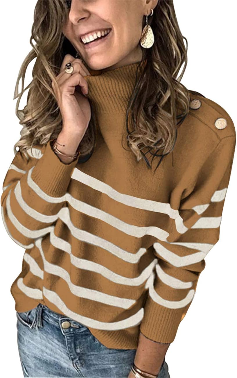 KIRUNDO 2020 Winter Women’s Long Sleeves Knit Sweater Turtleneck Striped Print Loose Pullover Tops Deco with Metal Button