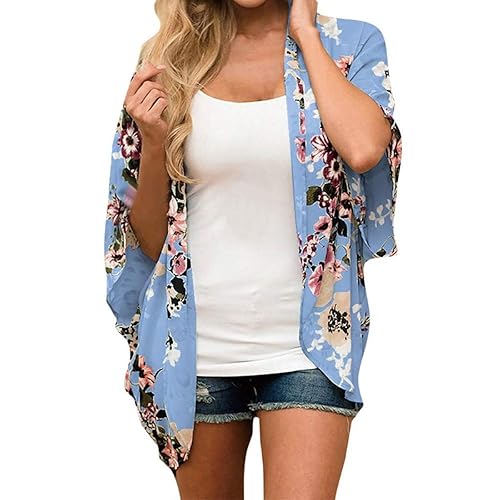 Women’s Floral Chiffon Cardigan – Lightweight Kimono Boho Beach Cover Up Shawl for Summer Swimwear, Casual Loose Blouse Darkblue