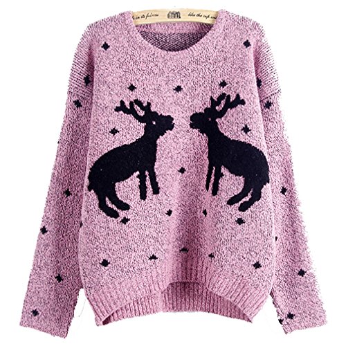 SAYM Women's Snow Couple Reindeer Christmas Pullover Sweater Pink