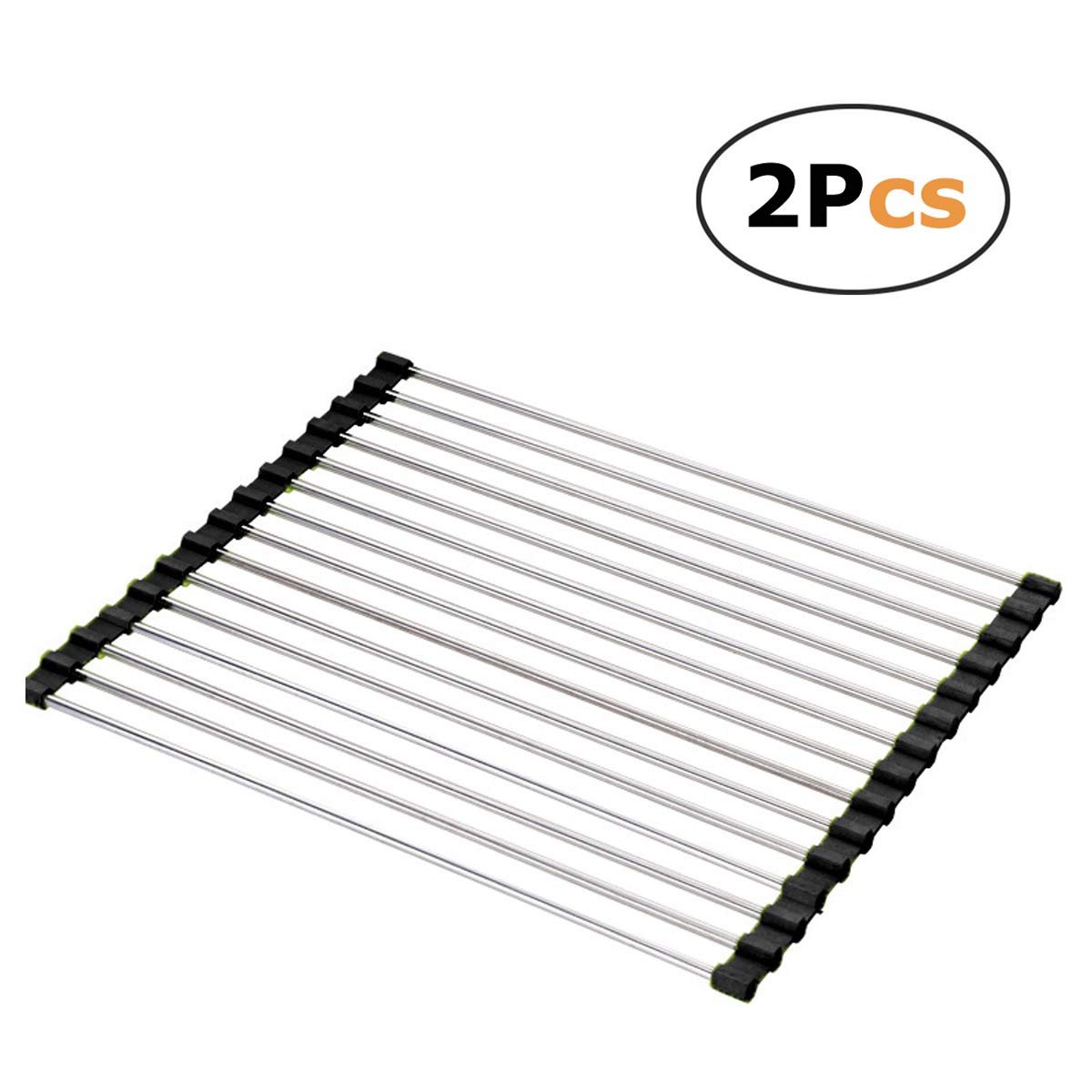 Dish Drying Rack Large Stainless Steel Over the Sink Folding Roll-Up Dish Draining Rack 2 Pcs (black)