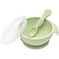Bumkins Baby Bowl, Silicone Feeding Set with Suction for Baby and Toddler, Includes Spoon and Lid, First Feeding Set, Training Essentials for Baby Led Weaning for Babies 4 Months Up, Sage