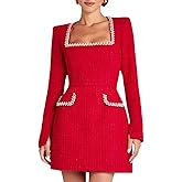 Kotiera Women's Tweed Mini Dress Elegant Beaded Square Neck Long Sleeve High Waist A-Line Party Club Bodycon Short Dresses
