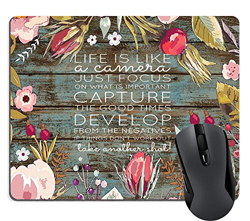 Wknoon Positive Inspirational Quotes Life is Like A Camera Rectangle Mouse Pad, Motivational Quote On Rustic Floral Wood Print Art Mouse Pads Large Mat