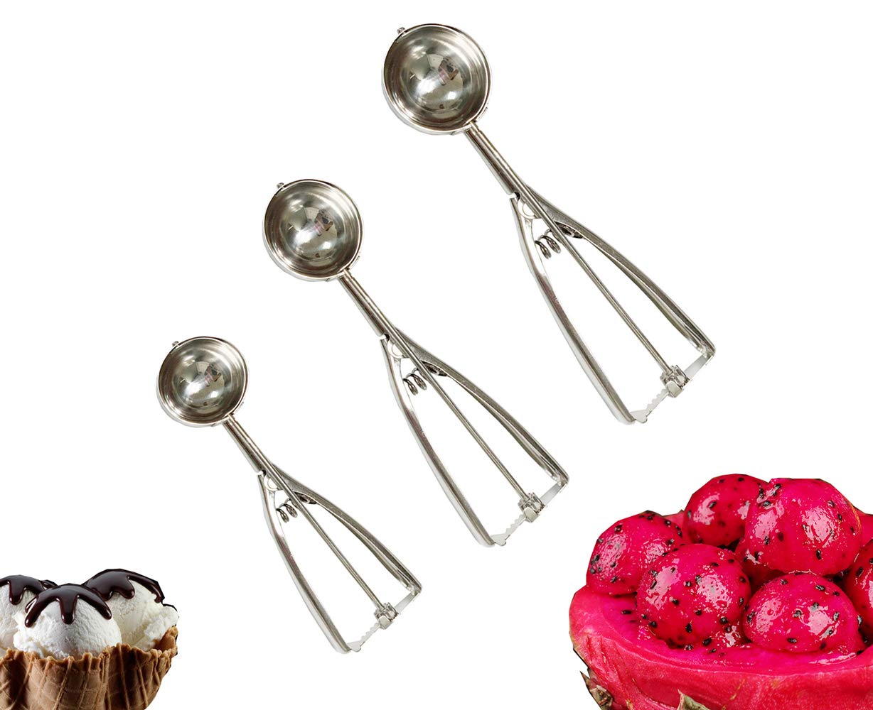 Becho Stainless Steel Ice Cream Scoop with Trigger Release for Cookies Fruits,3 PCS Cookie Scoop Include Large-Medium-Small Size Balls- Stainless Steel,Silver Durable