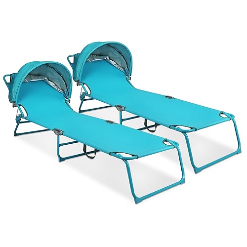 LANMOUNTAIN 2 Pack Heavy Duty Oversized Folding Beach Lounge Chairs, Portable Trifold Tanning Chairs with Sun Shade & 3 Adjustable Positions for Adults, Suitable for Beach Outdoor Camping Trips,Blue