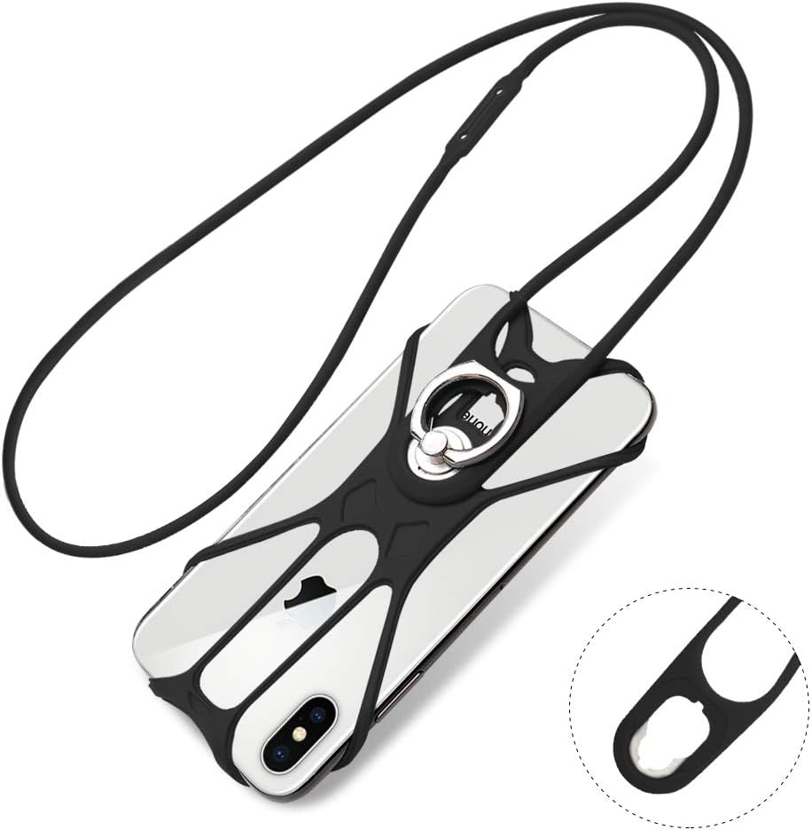 Doormoon Phone Lanyard, Rotation Strap Holder for iPhone Lanyard Detachable Neckstrap with Ring Stand Universal for Smartphone iPhone 8,7,6S Plus,Samsung Galaxy 4.0-6.5 inch (Black)