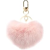 surell Genuine Mink Fur Heart Pom-Pom Keychain - Cute Bag Purse Charm - Ring Fluffy Fur Ball - Fashion Gift (Pink)