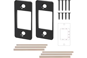 VIZAVA 2 Pk Upgrade Large Hole Deadbolt Restorer Strike Plates, Stainless Steel Round Corner Latch Strike Plate with Wood Dowel Strips,Universal Backplate for Home Door Easy Repair Misalignment（Matte Black）