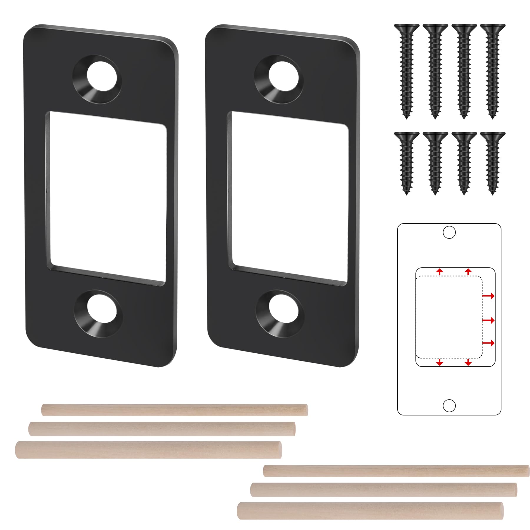 Photo 1 of 2 Pk Upgrade Large Hole Deadbolt Restorer Strike Plates, Stainless Steel Round Corner Latch Strike Plate with Wood Dowel Strips,Universal Backplate for Home Door Easy Repair Misalignment?Matte Black?